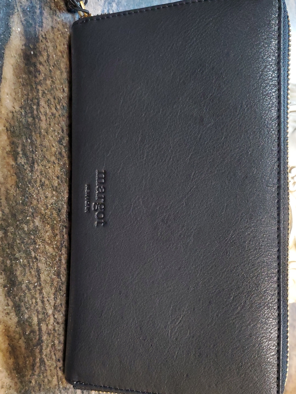 margot Black Leather Zip-Around Wallet with Embossed Logo
